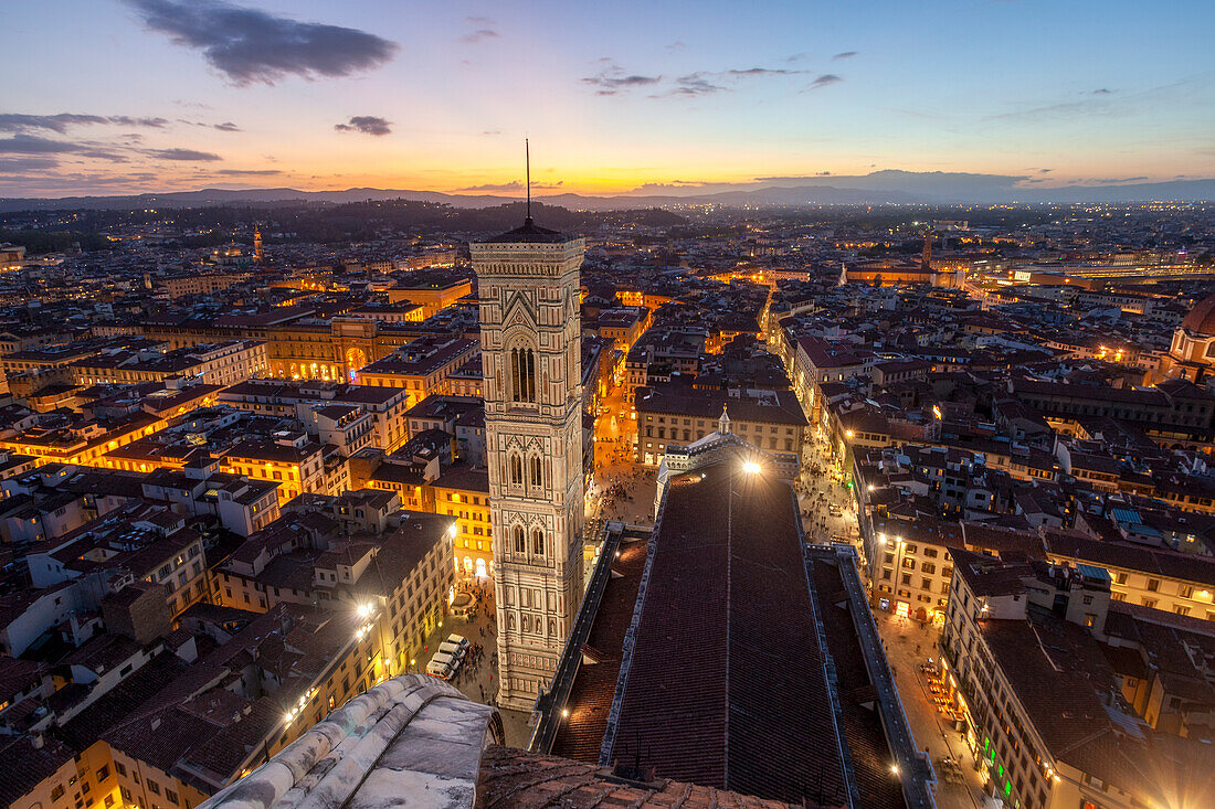 Giotto's Campanile and Florence old town seen from Brunelleschi's Dome, Florence, Tuscany, Italy