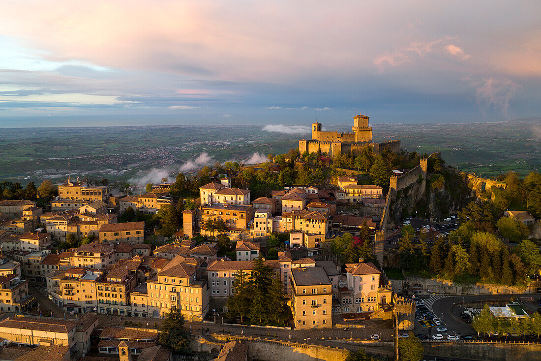 aerial view taken by drone of San Marino, during a spring sunset, Republic of San Marino, Europe