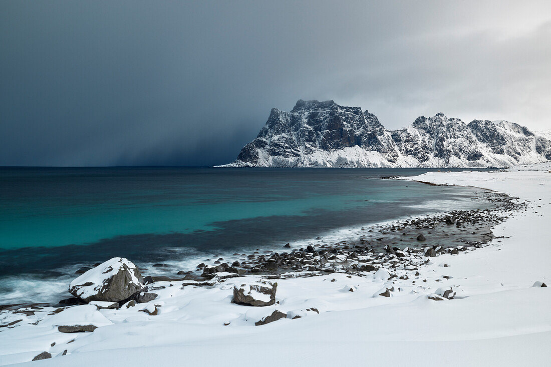 a long exposure to capture the afternoon light at Uttakleiv beach during an winter day, Vestvagoy, Lofoten island, Norway, Europe
