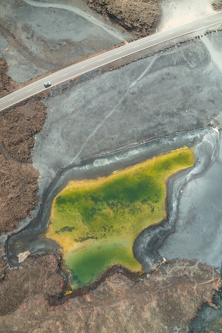 aerial view taken by drone of a little fisherman village of Playa Montana Bermeja, Lanzarote, Canary Island, Spain, Europe