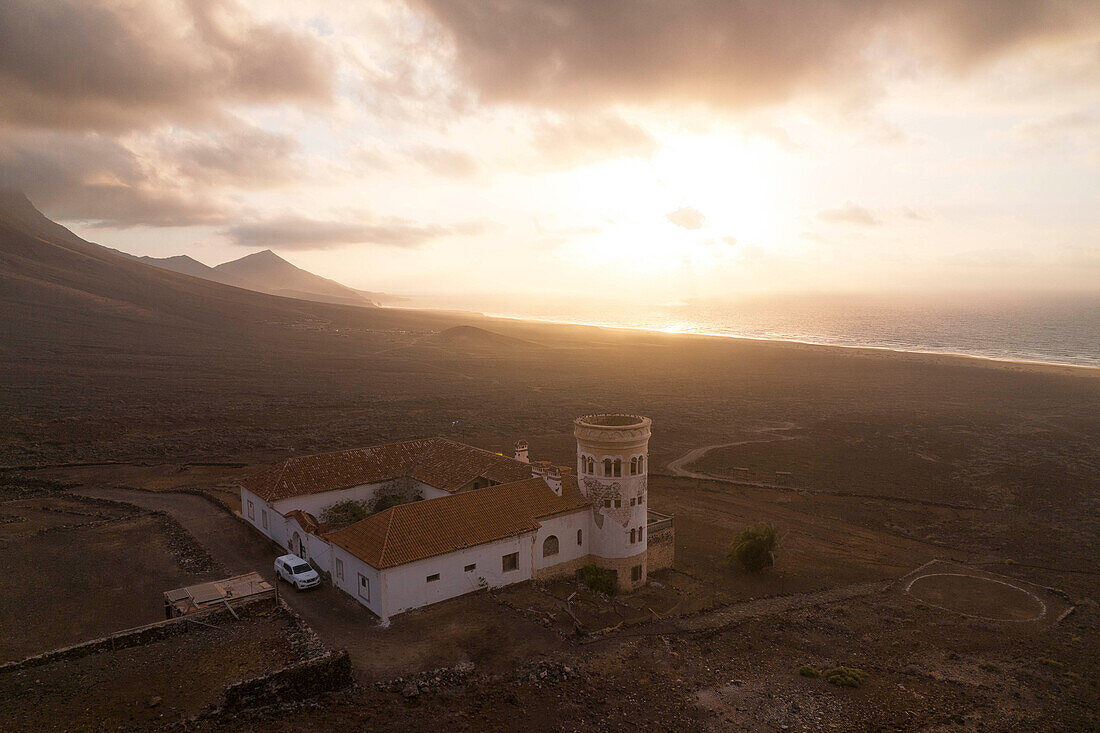 aerial view taken by drone of Cofete Beach during a summer warm sunset, Natural Park de Jandia, Fuerteventura, Canary Island, Spain, Europe