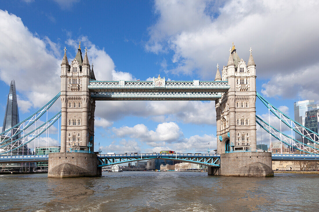 Tower Bridge seen from a boat in river Thames, London, Great Britain, UK