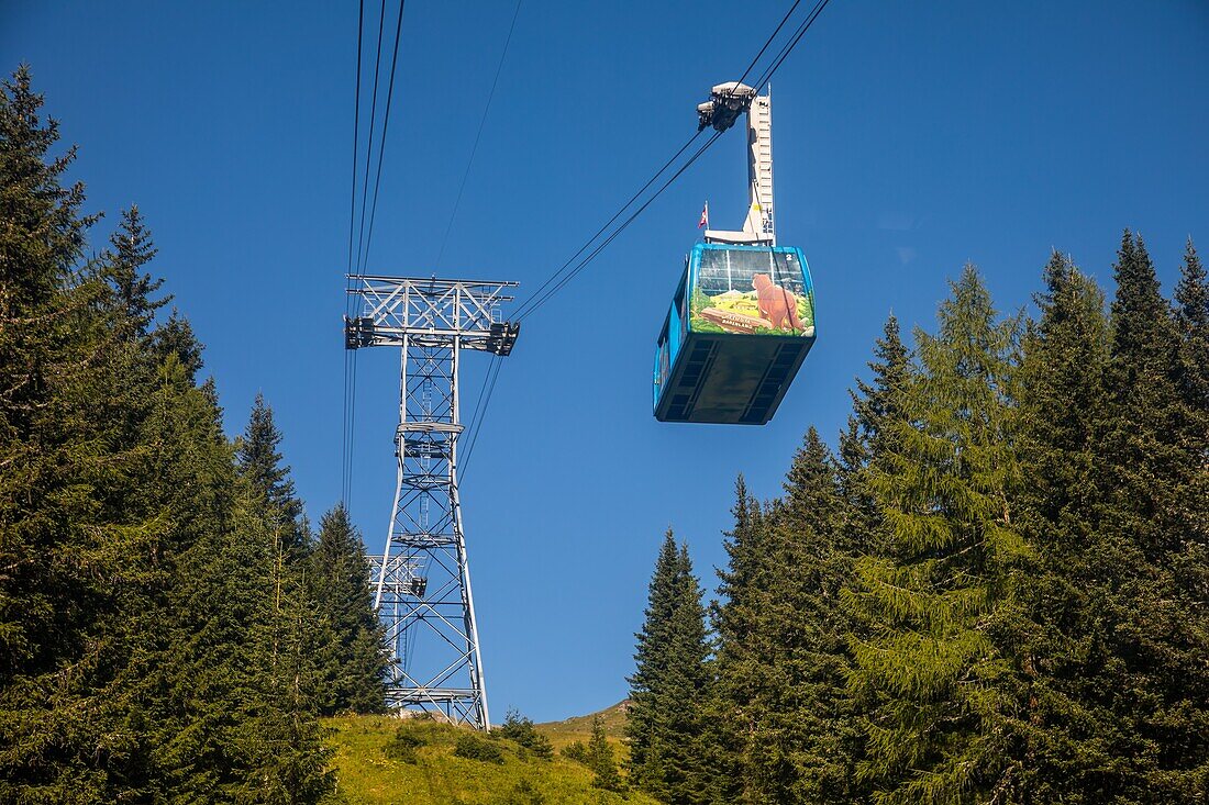 Cable car going up the weisshorn from the resort of arosa, swiss alps, canton of the grisons, switzerland