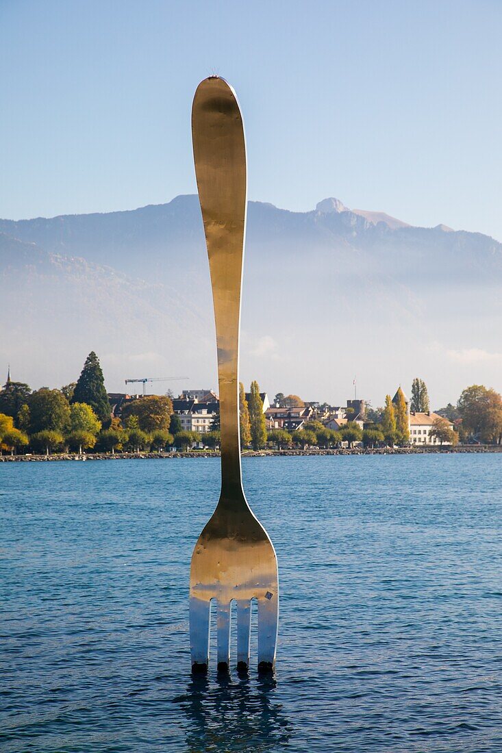 The fork of vevey in lake geneva, sculpture by the swiss artist jean-pierre zaugg for the 10th anniversary of alimentarium, the fork,  nestle museum, offbeat, lake geneva, vevey, canton of vaud, switzerland