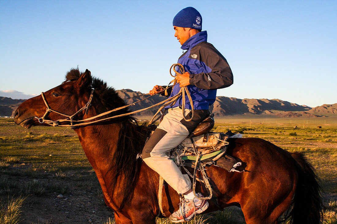 Mann auf einem Pferd in der Mongolei