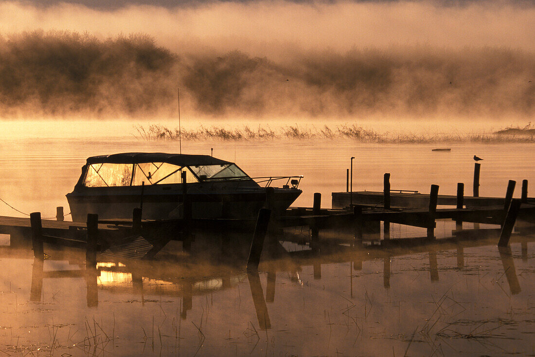 Sonnenaufgangsnebel und Bootsanleger über dem Lake of the Woods bei Warroad Minnesota USA