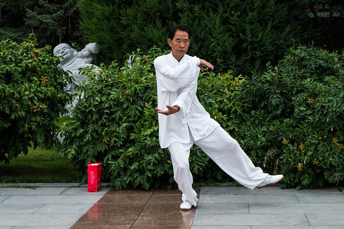 Man doing Tai chi exercises early in the morning