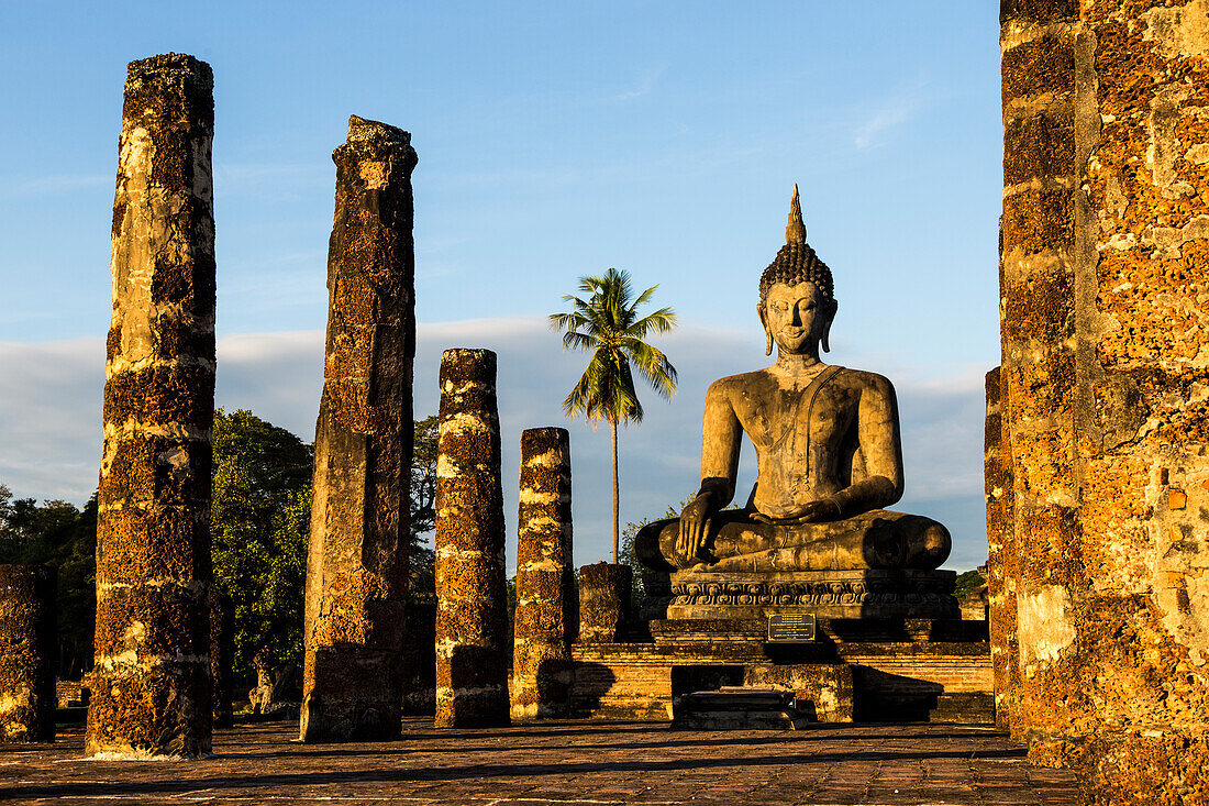 Archaeological site, ruins and Buddha statue in Sukhotai