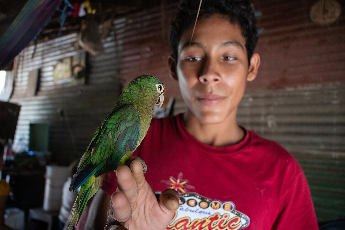 Junge hält einen Sittich in Jiquilillo, Nicaragua