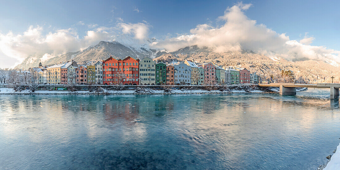 The Mariahilf buildings with the Nordkette mountains in the background after the snowfall, Innsbruck, Tyrol, Austria, Europe
