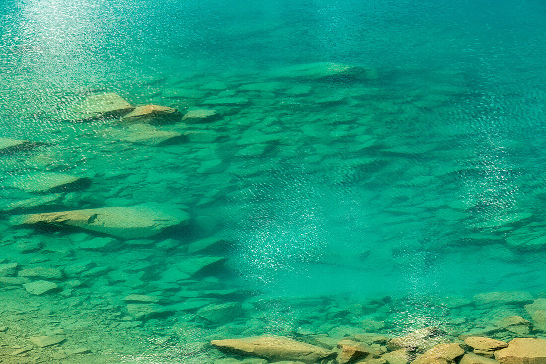 Detail of the cold turquoise waters of Blaue Lacke mountain lake, Sulzenau Hütte, Neustift im Stubaital, Innsbruck Land, Tyrol, Austria, Europe