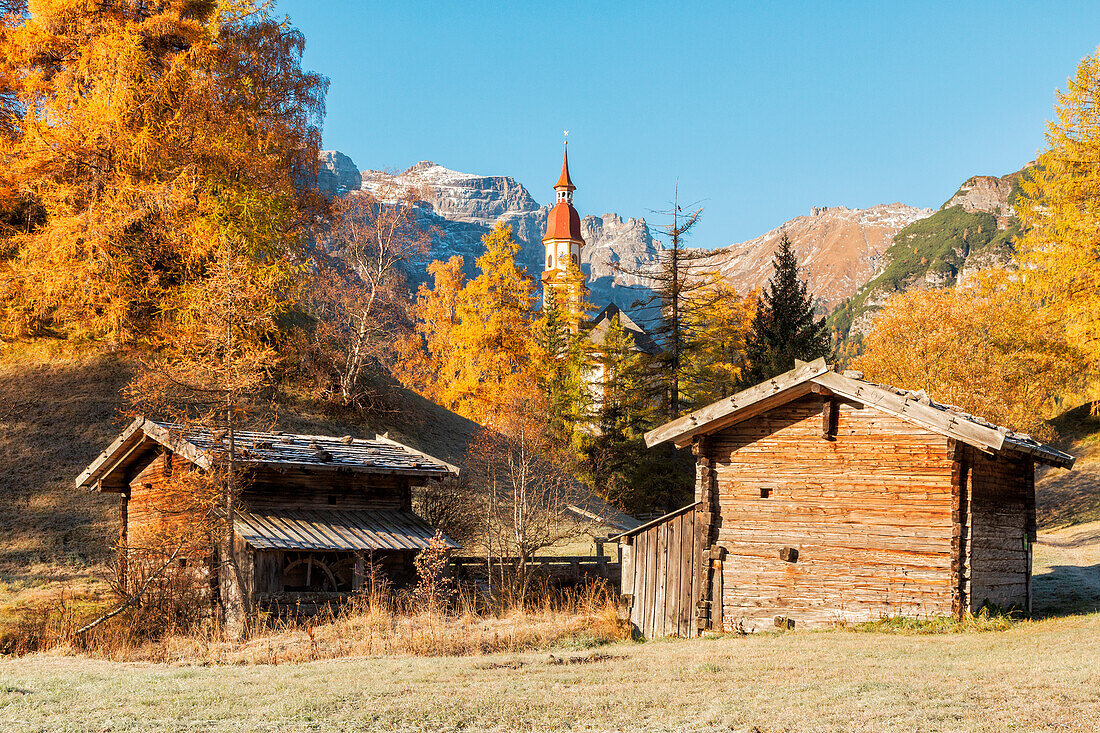 Barns on the way to the parish church of Obernberg am Brenner, Innsbruck Land, Tyrol, Austria, Europe