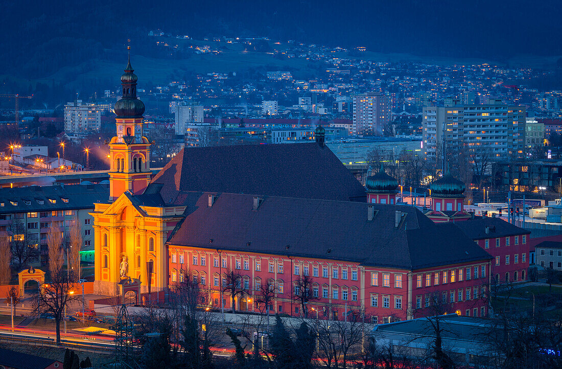 The Monastery and Church in Wilten on a winter evening, Innsbruck, Innsbruck Stadt, Tyrol, Austria, Europe