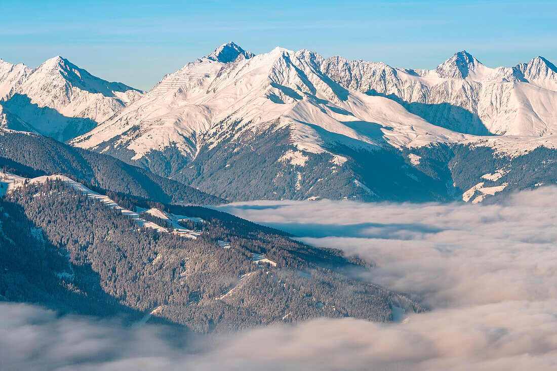 Fog in the Inn Valley with the Rosskogel mountain in the background, Innsbruck Land, Tyrol, Austria, Europe