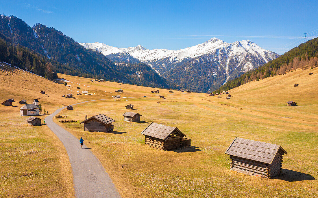 Aerial view of the meadows and the barns of the Pfundser Tschey valley, Pfunds, Landeck, Tiroler Oberland, Tyrol, Austria, Europe