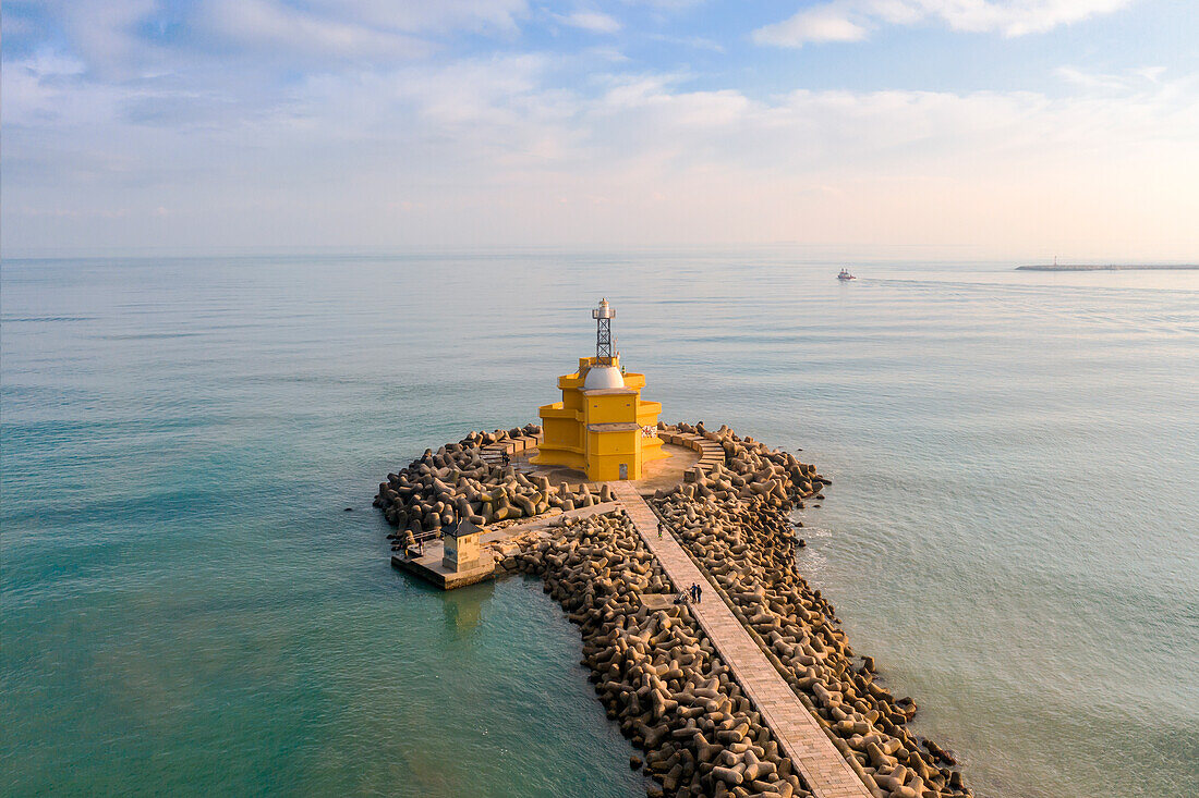 Aerial view of the lighthouse of Punta Sabbioni on a winter day, Cavallino - Treporti, Venice province, Veneto region, Italy, Europe