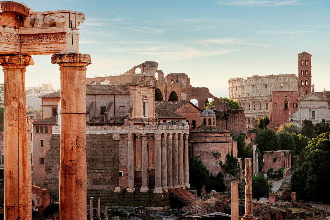 Fori Imperiali (Roman Forum) from the Campidoglio at sunrise. Rome, Rome district, Lazio, Italy.