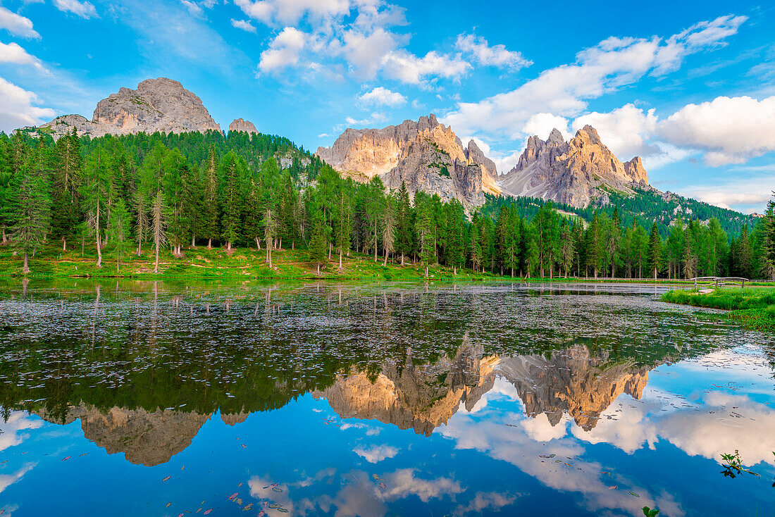 Mountain reflections at Lago Antorno. Veneto, Belluno, Sesto Dolomites, Italy