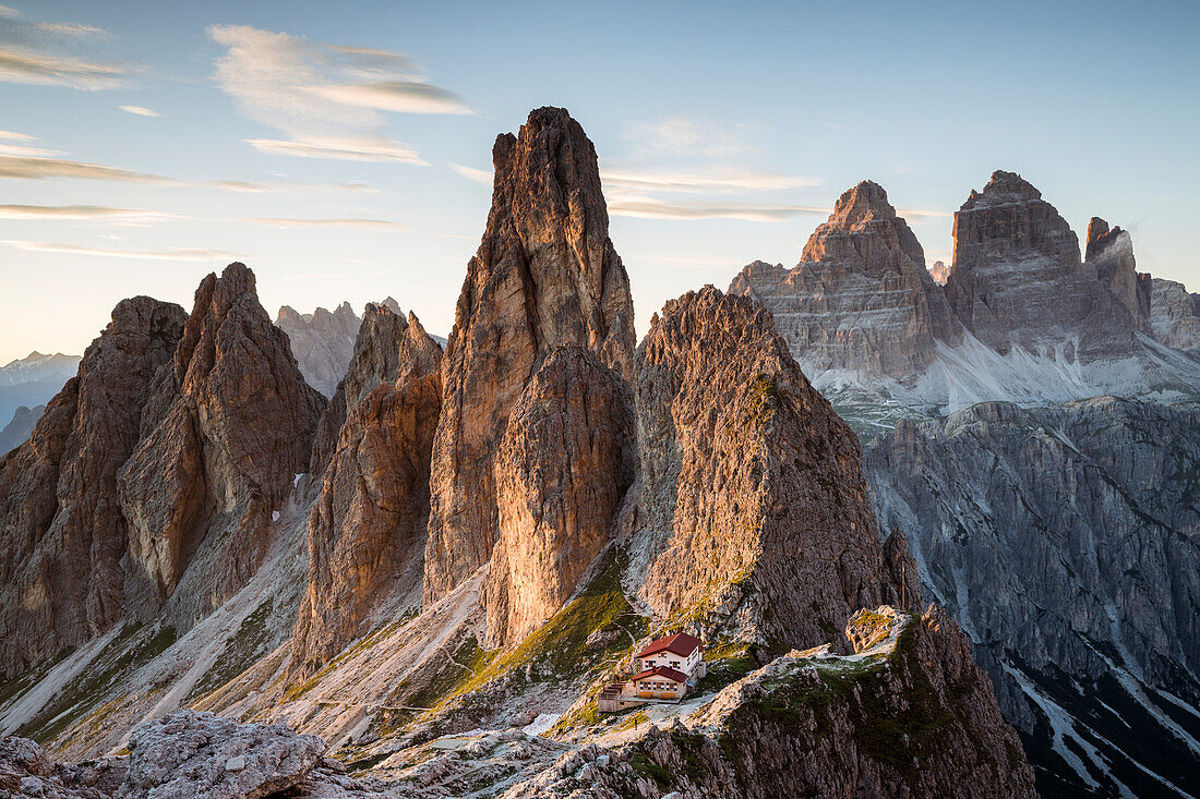 Italy,Veneto,province of Belluno,view over Fonda Savio Hut in the Cadini di Misurina group,with Tre Cime di Lavaredo in the background