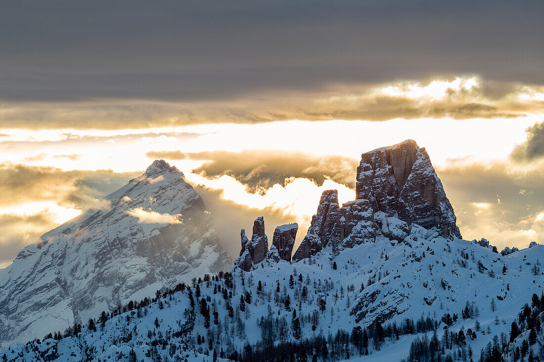 Italy, Veneto, province of Belluno,the Cinque Torri at sunrise