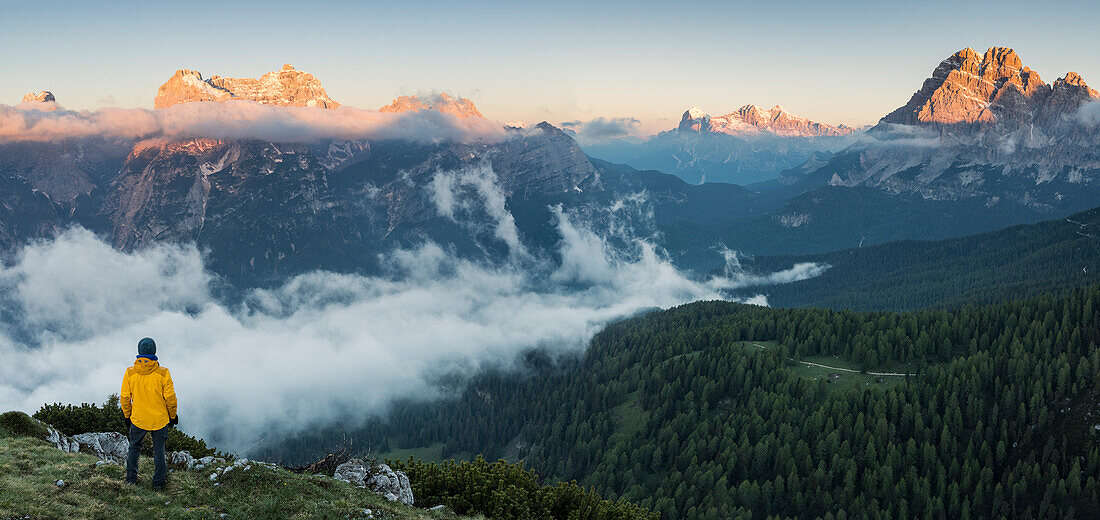 Italy,Veneto,province of Belluno,Auronzo di Cadore,admiring the sunrise over the Sorapis,Tofane and Cristallo groups (MR)