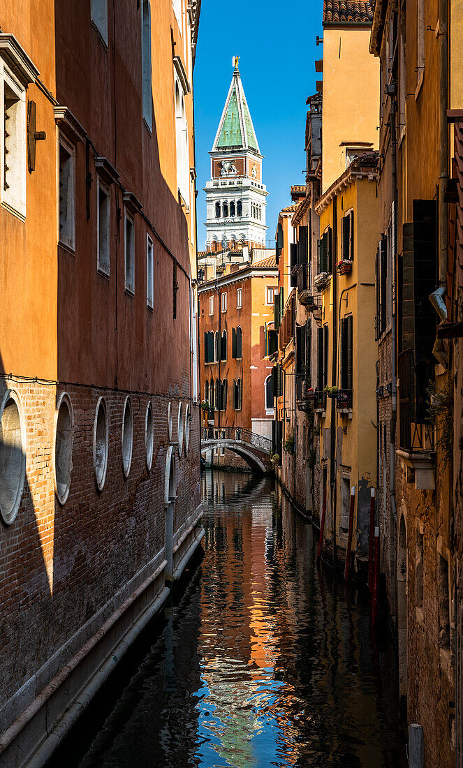 Italy, Veneto, Venice, view from Ponte del Lovo, the only bridge in Venice from which it is possible to see the bell tower of San Marco