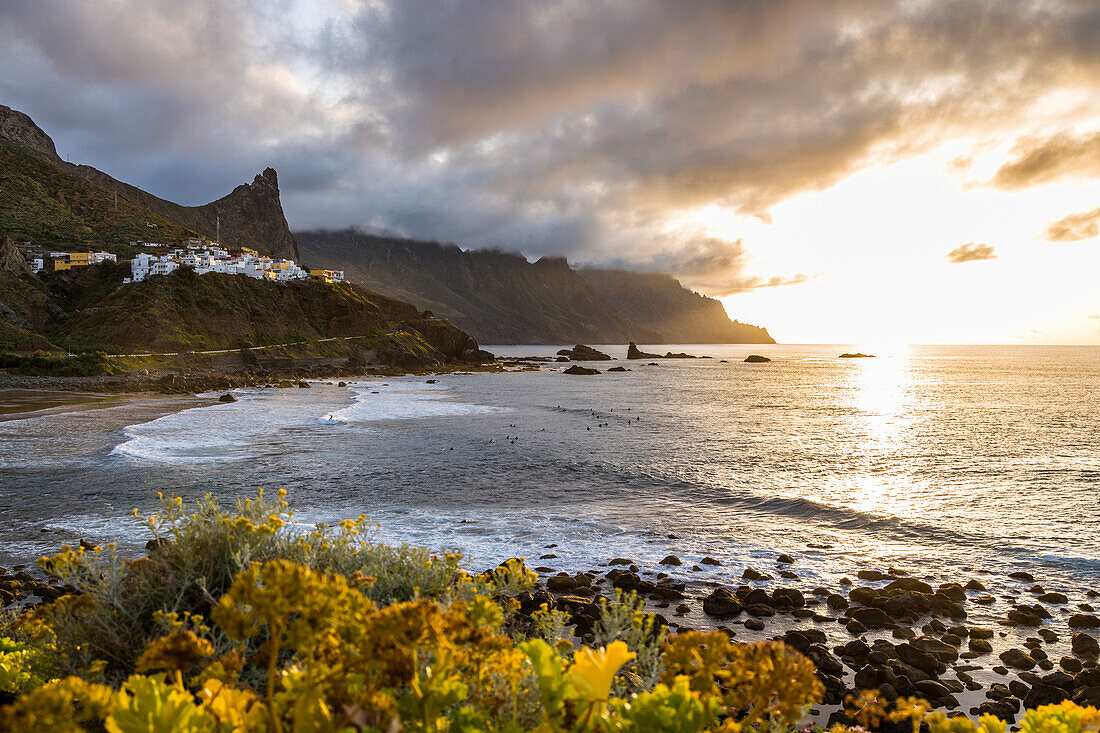 Spain,Canary Islands,Tenerife,Anaga Rural Park,Almaciga at sunset