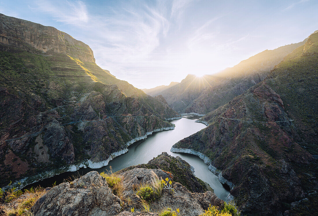 Spain, Canary Islands, Gran Canaria,view from Mirador del Molino at sunset