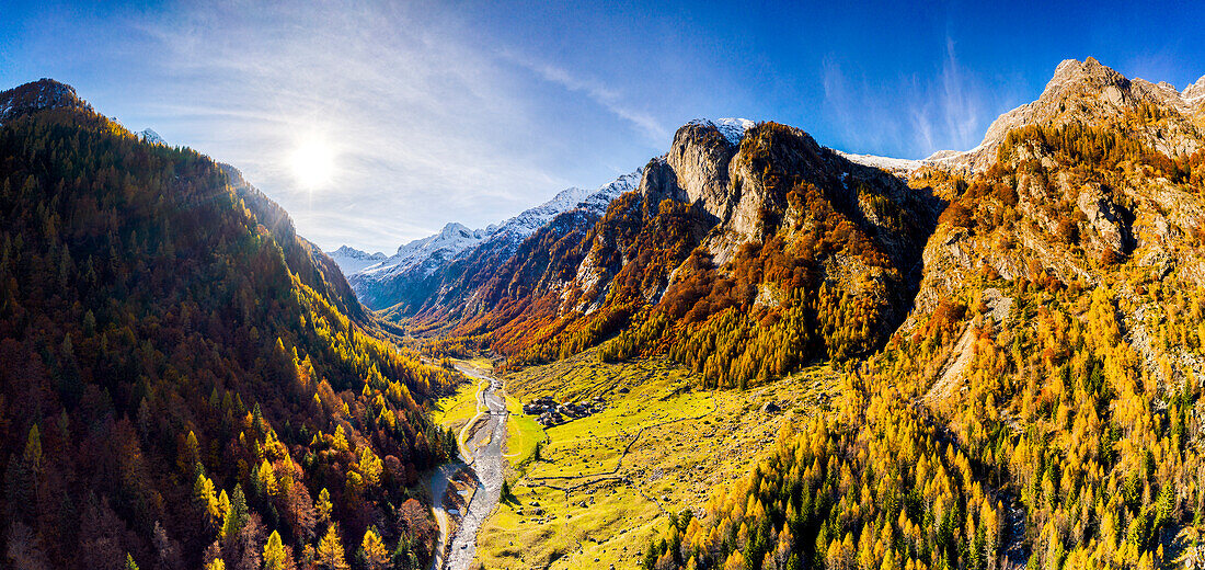 Panoramic aerial view of Val Bodengo during autumn. Valchiavenna, Valtellina, Lombardy, Italy, Europe