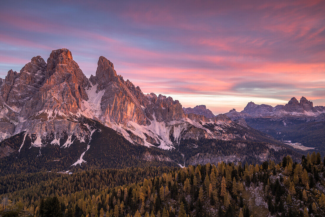 Mount Cristallo and Piz Popena at sunrise,Cortina d'Ampezzo,Belluno province,Veneto,Italy