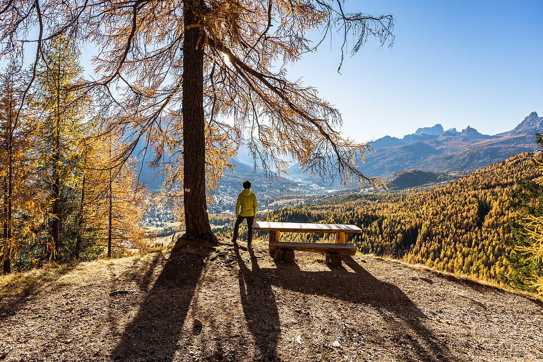 A hiker admires the tourist resort of Cortina d'Ampezzo from a elevated view point, Val Boite, Belluno province, Veneto, Italy (MR)