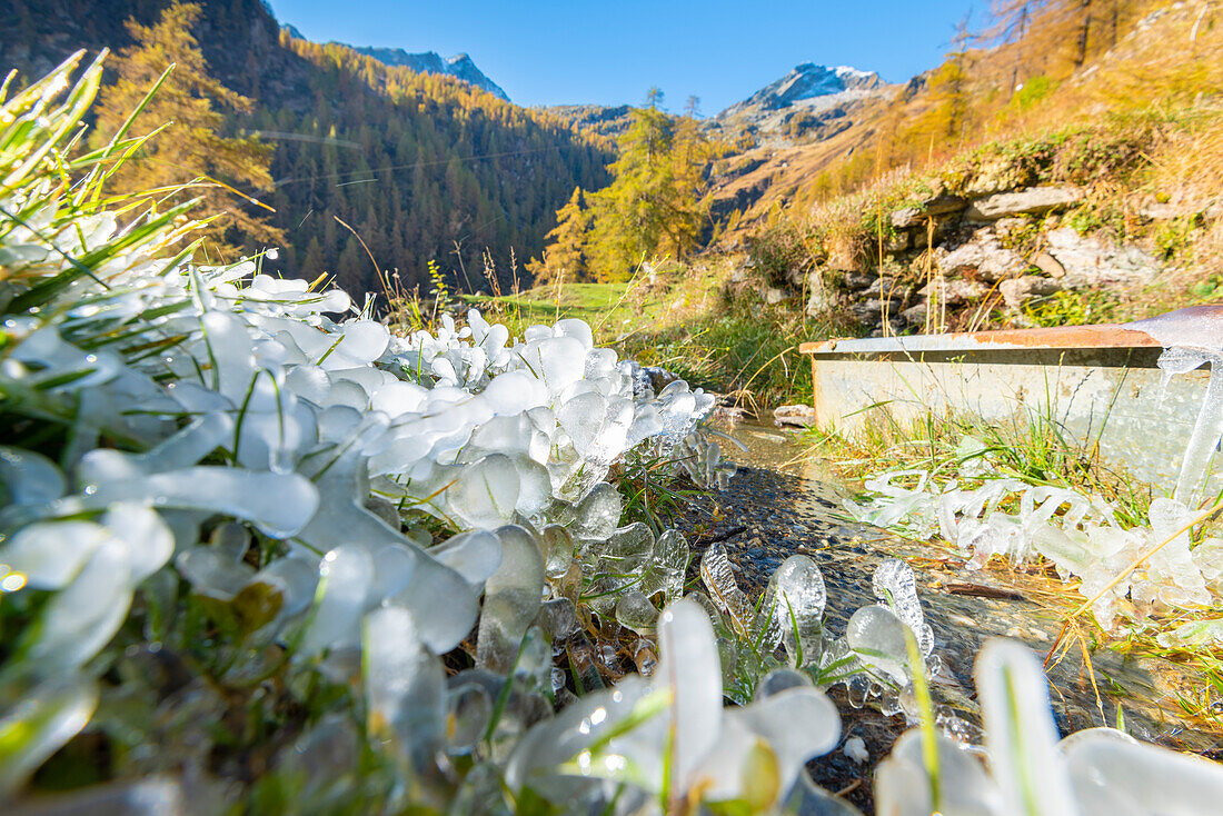 Eis in der Nähe eines Brunnens, Vallon de la Mandaz, Valle di Champorcher, Aosta-Tal, Italienische Alpen, Italien