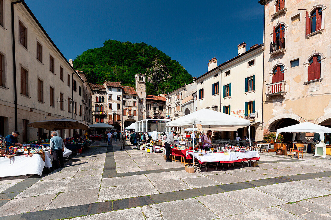 Piazza Flaminio, the main square of Vittorio Veneto, on a market day. Europe, Italy, Veneto, Province of Treviso, Vittorio Veneto