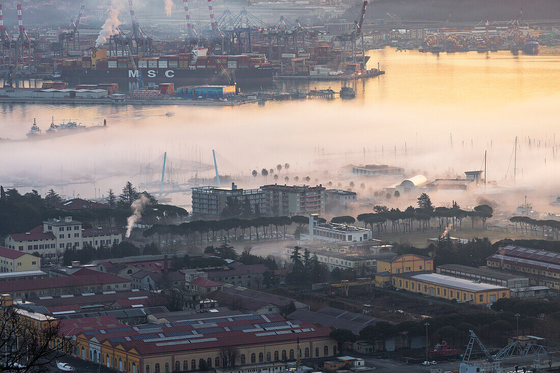 Maritime sunrise on Porto Mirabello and the Thaon di Revel bridge in La Spezia, La Spezia province, Liguria district, Italy, Europe.