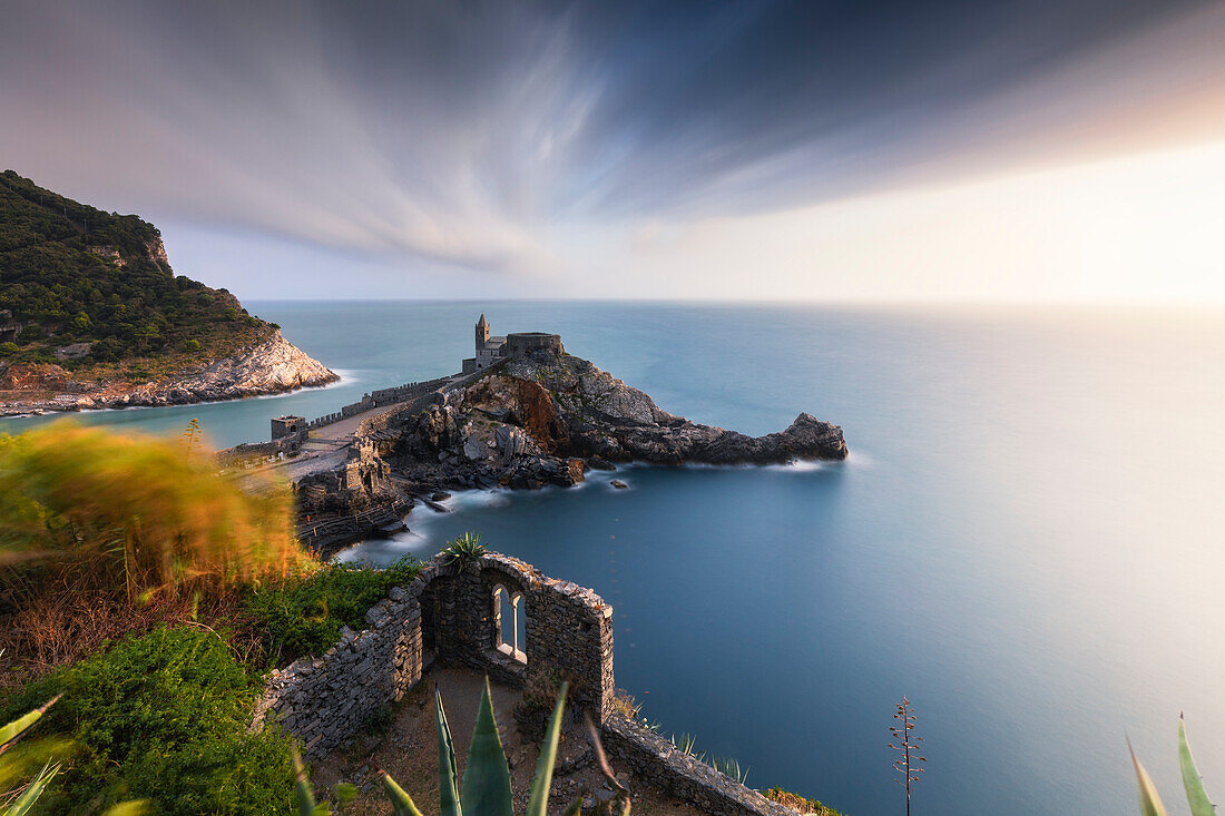 Long exposure during a sunset with epic light on the San Pietro Church, municipality of Portovenere, La Spezia province, Liguria, Italy, Europe