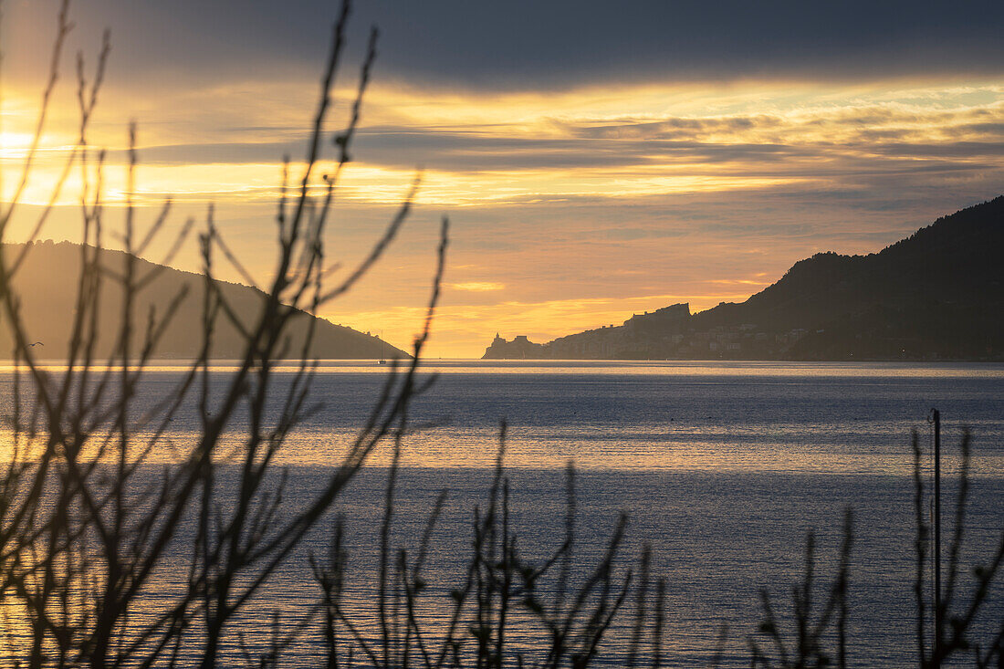 Sunset on the Gulf of Poets, Portovenere on the horizon taken from Lerici, La Spezia province, Liguria, Italy, Europe