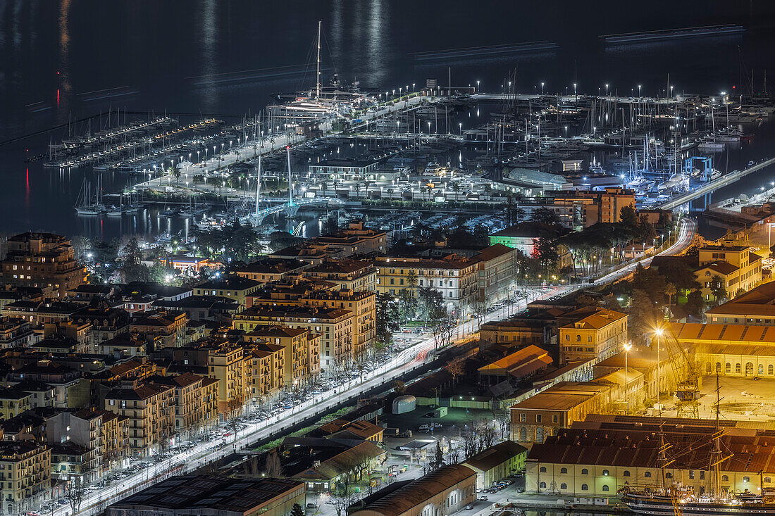 Urban night over the city of La Spezia, view of Porto Mirabello, Viale Amendola, Piazza Chiodo, La Spezia province, Liguria district, Italy, Europe