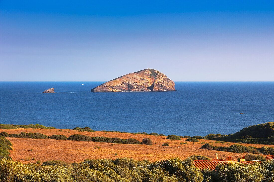 Panoramic view on the island La Vacca and the rock Il Vitello south of the island of Sant'Antioco, Carbonia Iglesias province, Sardinia, Italy, Europe.