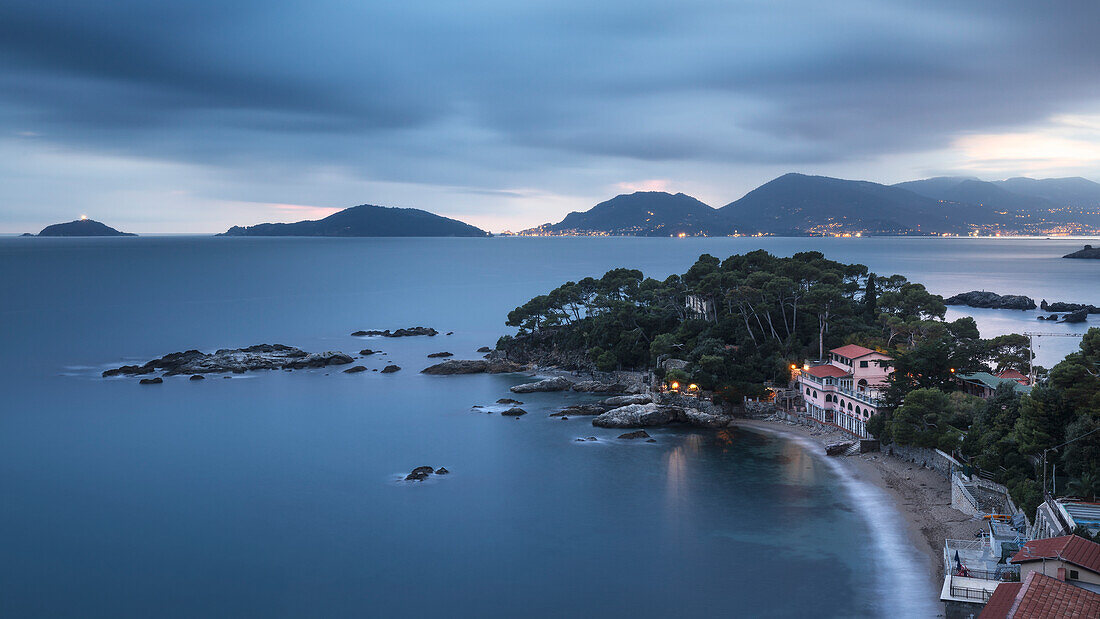 Long exposure on the bay of Fiascherino, Gulf of Poets, municipality of Lerici, La Spezia province, Liguria district, Italy, Europe