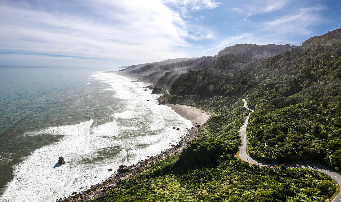 Driving along the panoramic road in West Coast, South Island, New Zealand, Oceania