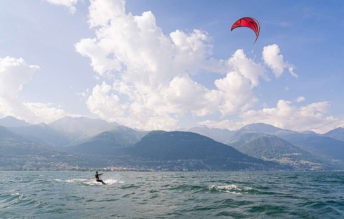Kitesurfer in Como Lake, Dervio, Lombardy region, Italy, Europe