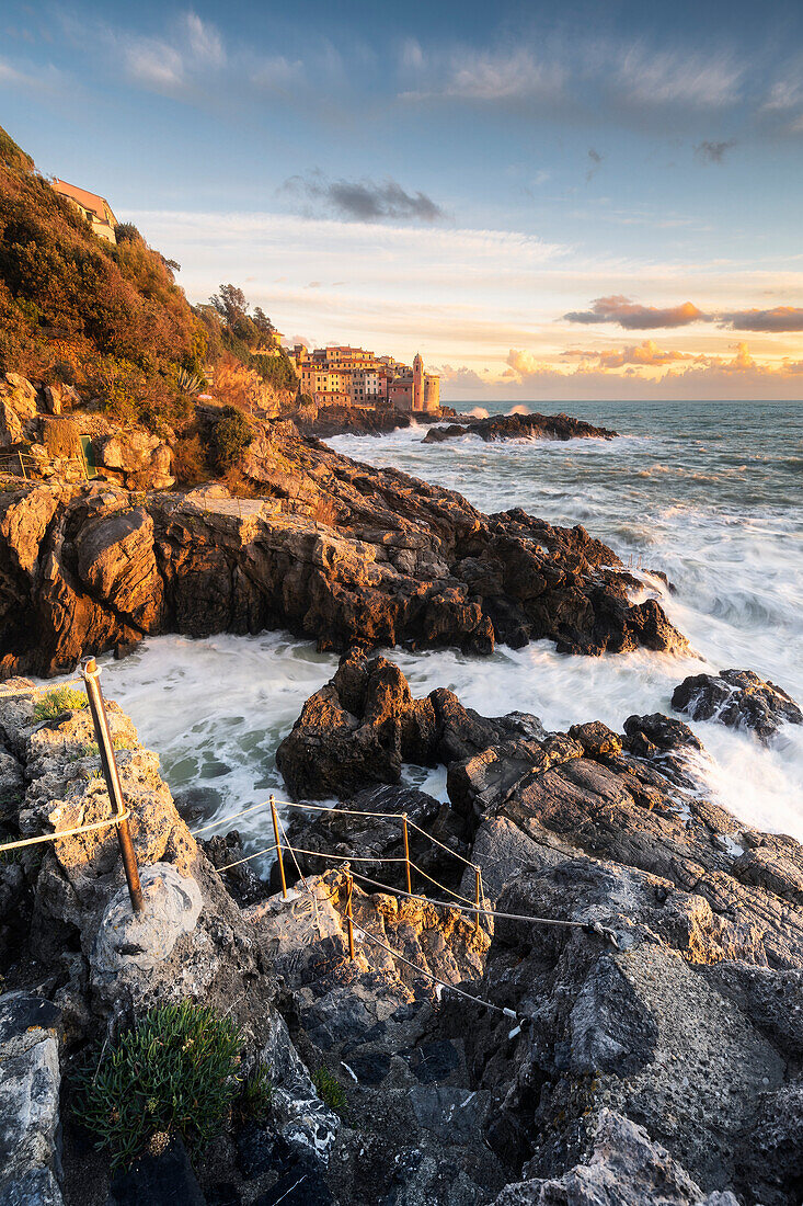 Sunset over the village of Tellaro, municipality of Lerici, La Spezia province, Liguria district, Italy, Europe