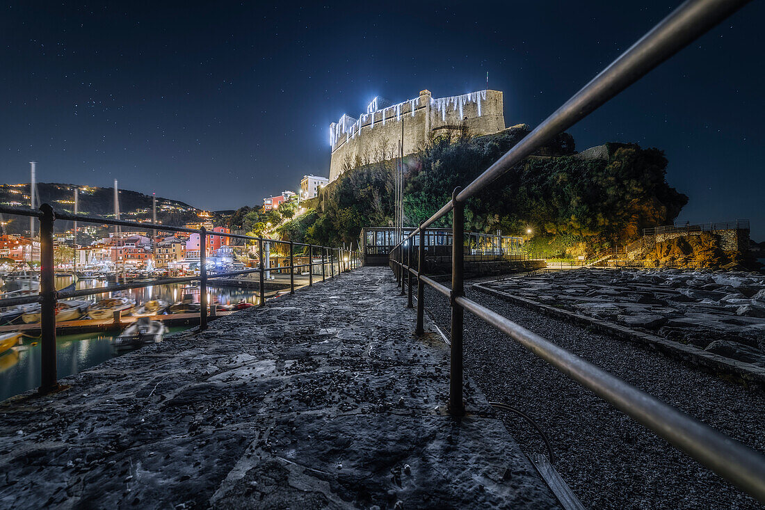 Night perspective on the castle of Lerici with Christmas lights, municipality of Lerici, La Spezia province, Liguria district, Italy, Europe