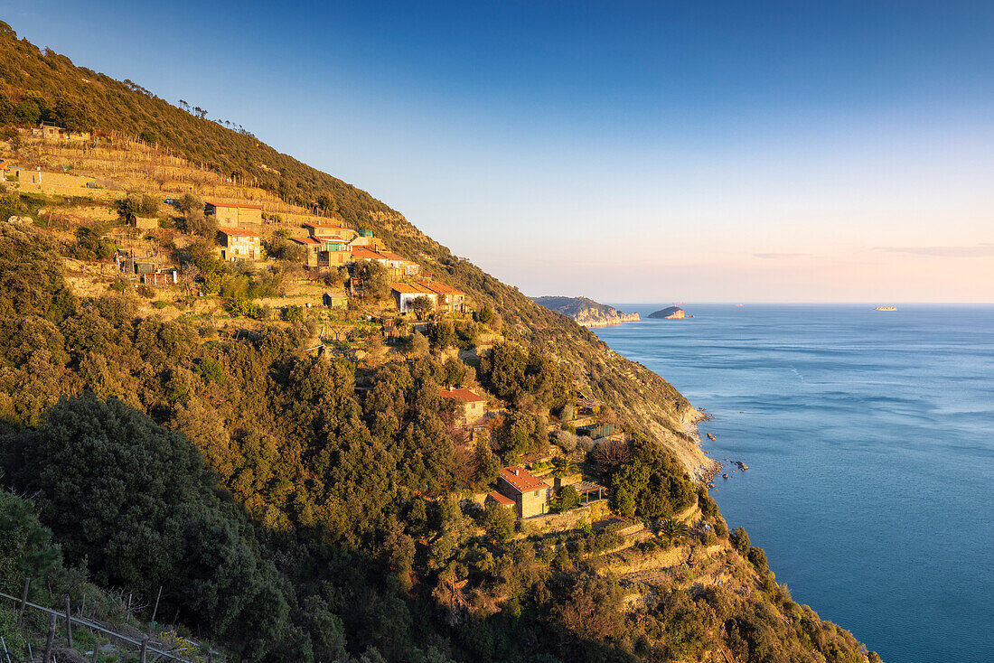 Panoramablick von Schiara entlang der ligurischen Wege, in der Gegend von Tramonti di Biassa, Nationalpark Cinque Terre, Provinz La Spezia, Region Ligurien, Italien, Europa