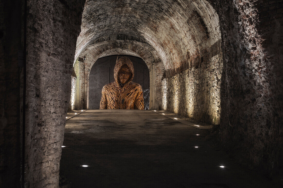 Hoodie, sculpture exhibited inside the basement of the San Paolino bulwark, Lucca province, Tuscany, Italy, Europe