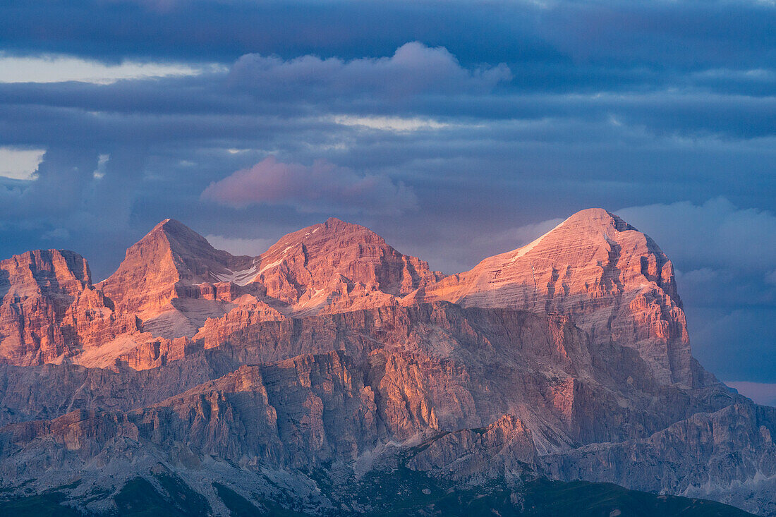 Tofana mount group at sunset from Pordoi pass, Arabba, Veneto, Dolomites, Italy.