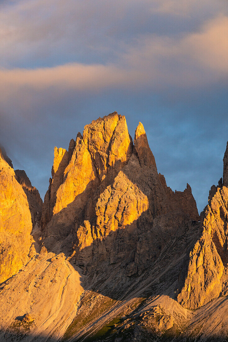 Five Finger peak in Langkofel Sassolungo group at sunrise from Sella pass, Fassa Valley, Trentino Alto Adige, Dolomites, Italy.