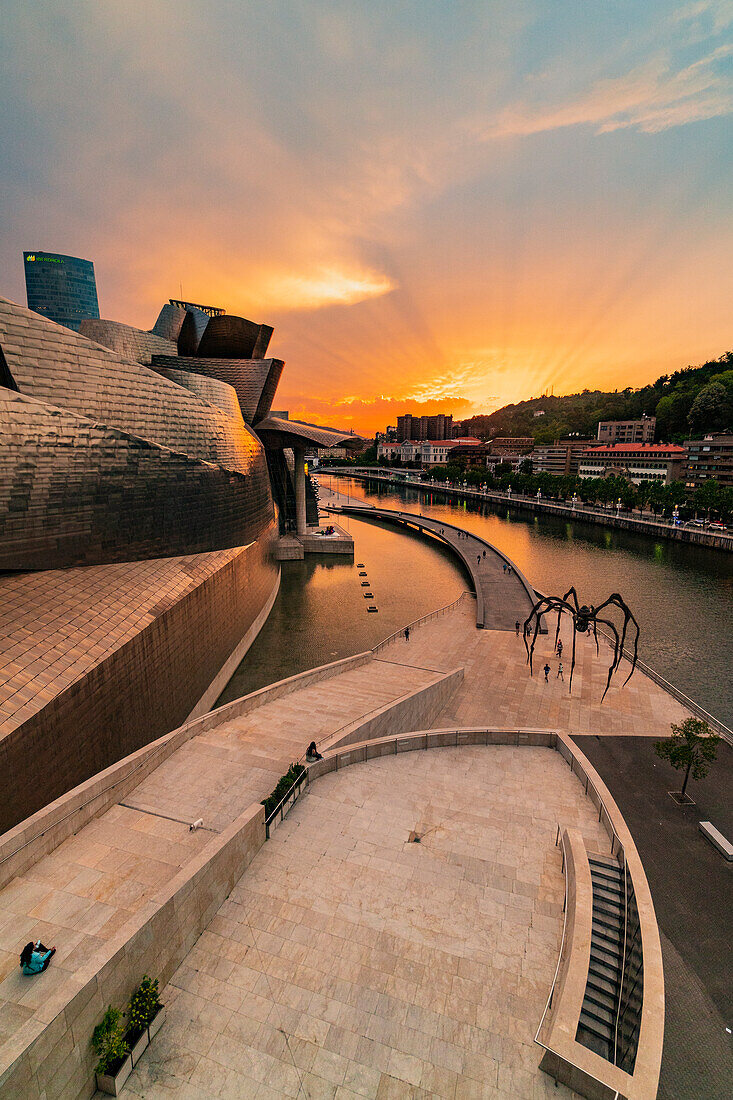 View of Guggenheim Museum from La Salve Bridge at sunset. Bilbao, Basque Country, Spain, Europe.