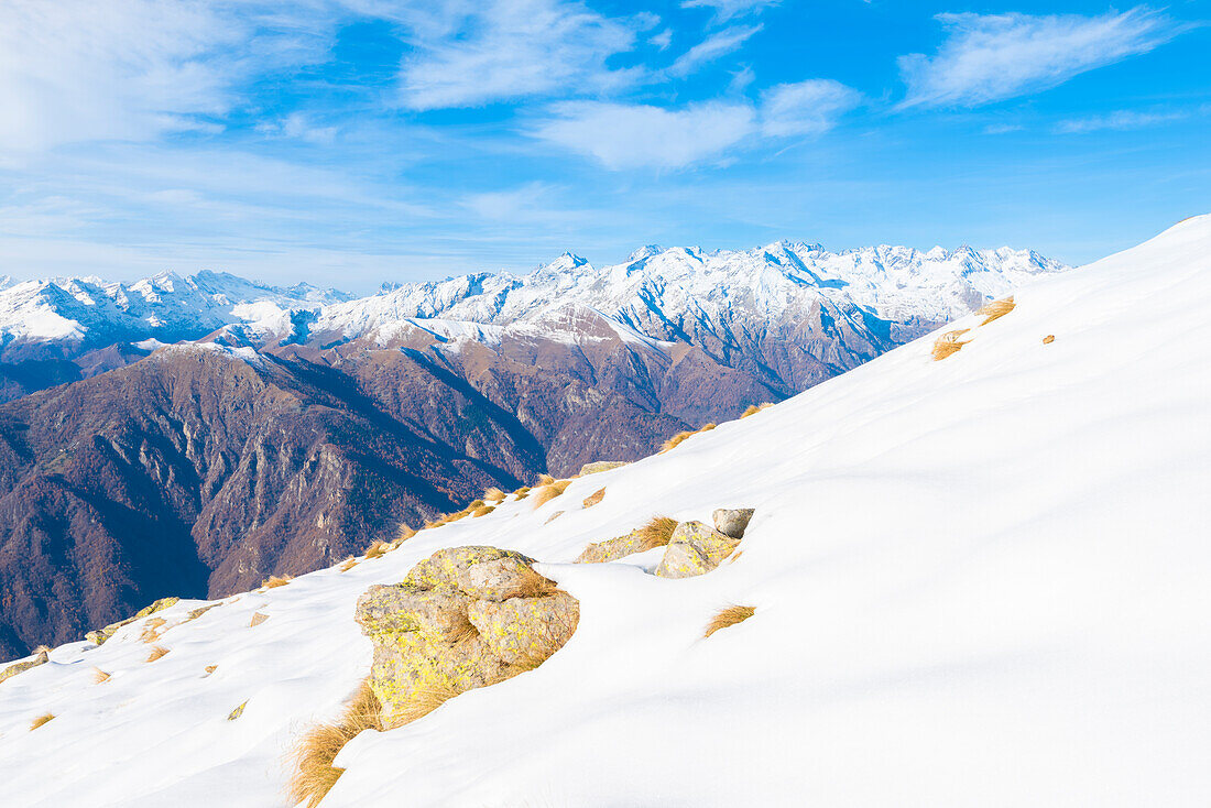 The peaks of the Piedmont side of Gran Paradiso National Park seen from the slopes of Quinseina, Valle Sacra, Canavese, Province of Turin, Piedmont, Italian alps, Italy