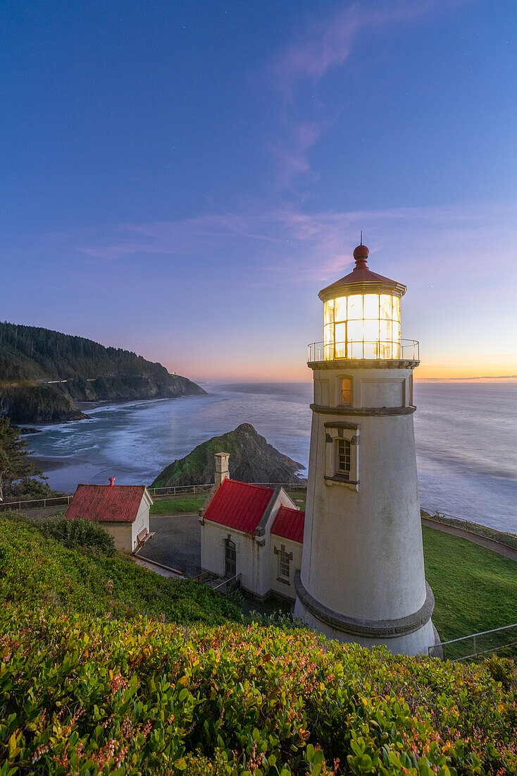 Heceta Head Lighthouse at dusk. Florence, Lane county, Oregon, USA.